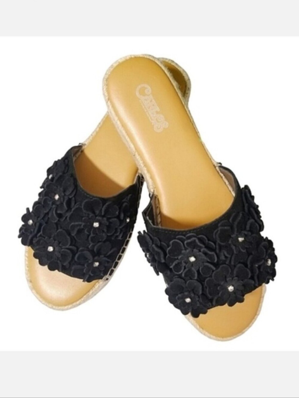 Carlos Santana Chandler Black Suede & Rhinestone Floral Jute Slides Sz 9M